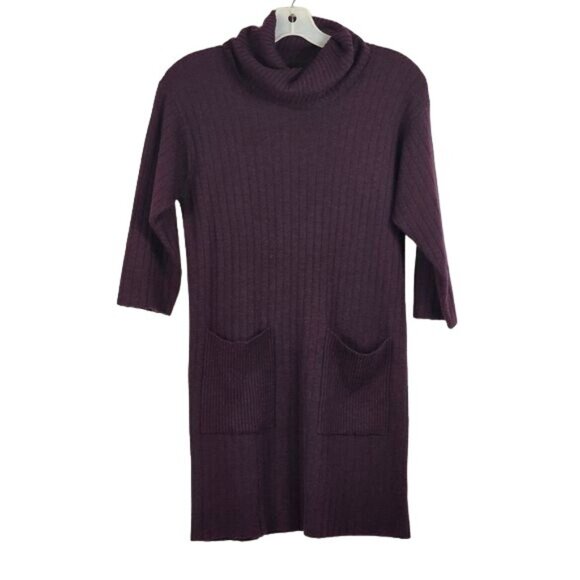 Tweeds Merino Blend Sweater Dress Sz M Purple Turtleneck 3/4 Sleeves Pockets - Picture 1 of 6